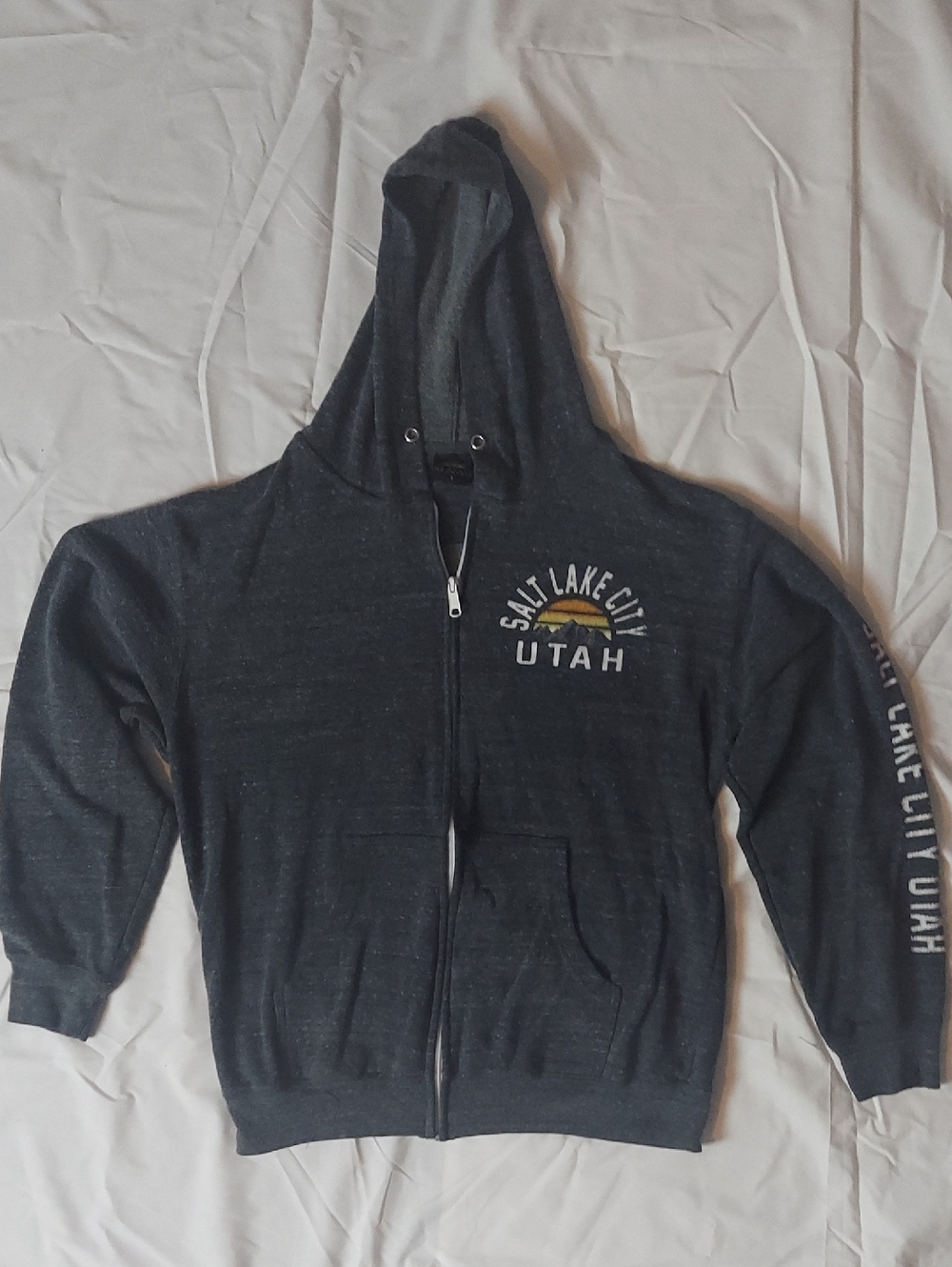 Prarie Mountain L Salt Lake City Utah Zip-Up Hoodie Dark Heather Gray White Text